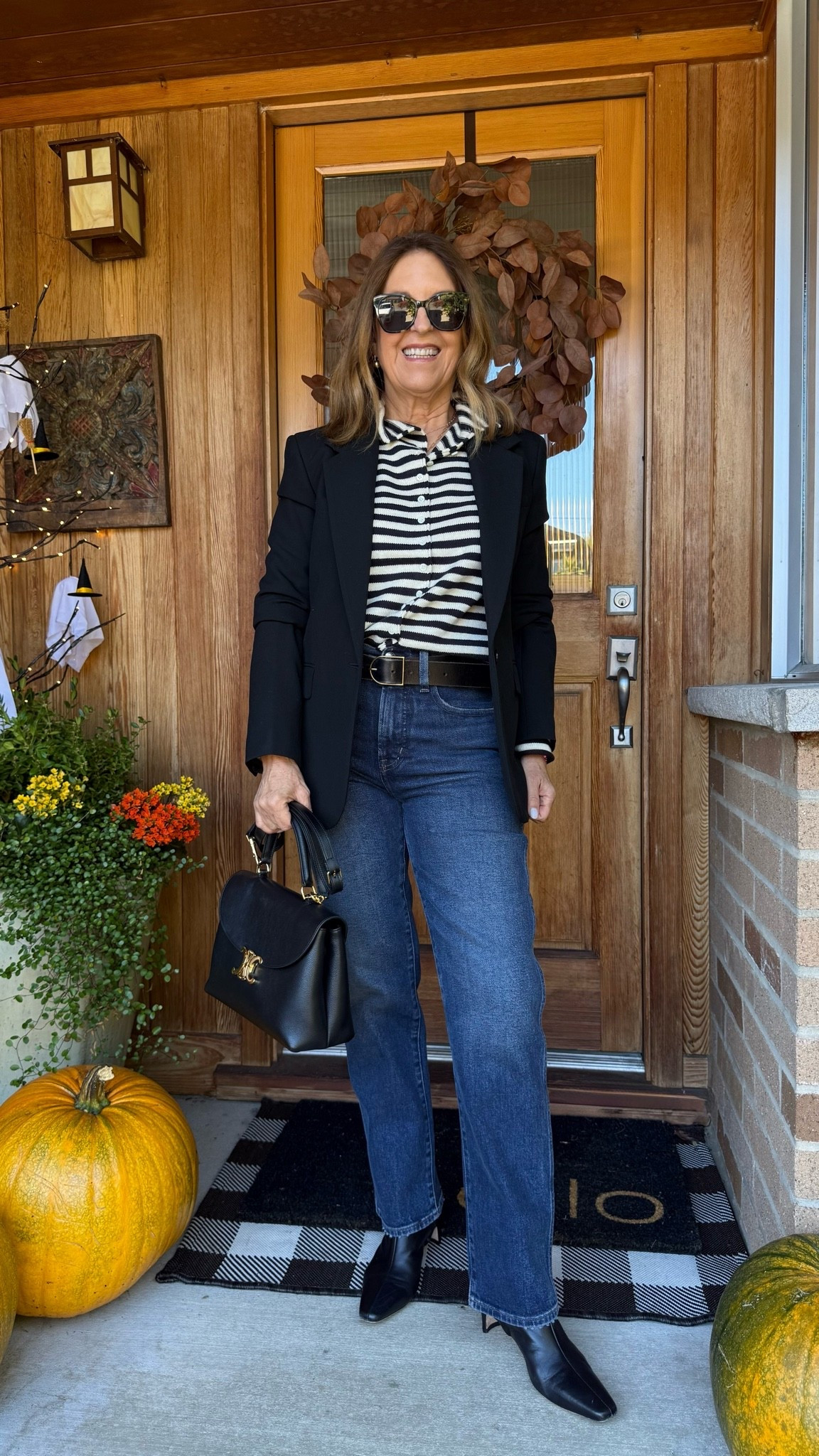 Ootd going shopping and meeting a friend for coffee.  It feels good to wear a rollneck sweater with a blazer, straight-leg jeans & boots.  The handbag is available from The RealReal, and I have found I can dress it up or down. 

Jeans fit tts. I'm wearing a short length. 
Top fits tts. Jacket fits tts. 
Boots: I went up
A half size