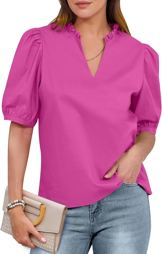 ANRABESS Puff Short Sleeve Shirts for Women Dressy Casual Tops V Neck Ruffle Blouse 2025 Summer T... | Amazon (US)