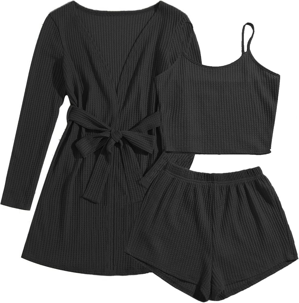 Ekouaer Womens 3 Piece Waffle Knit Lounge Set Soft Pajama Sets Tank Top and Shorts Cardigan with ... | Amazon (US)