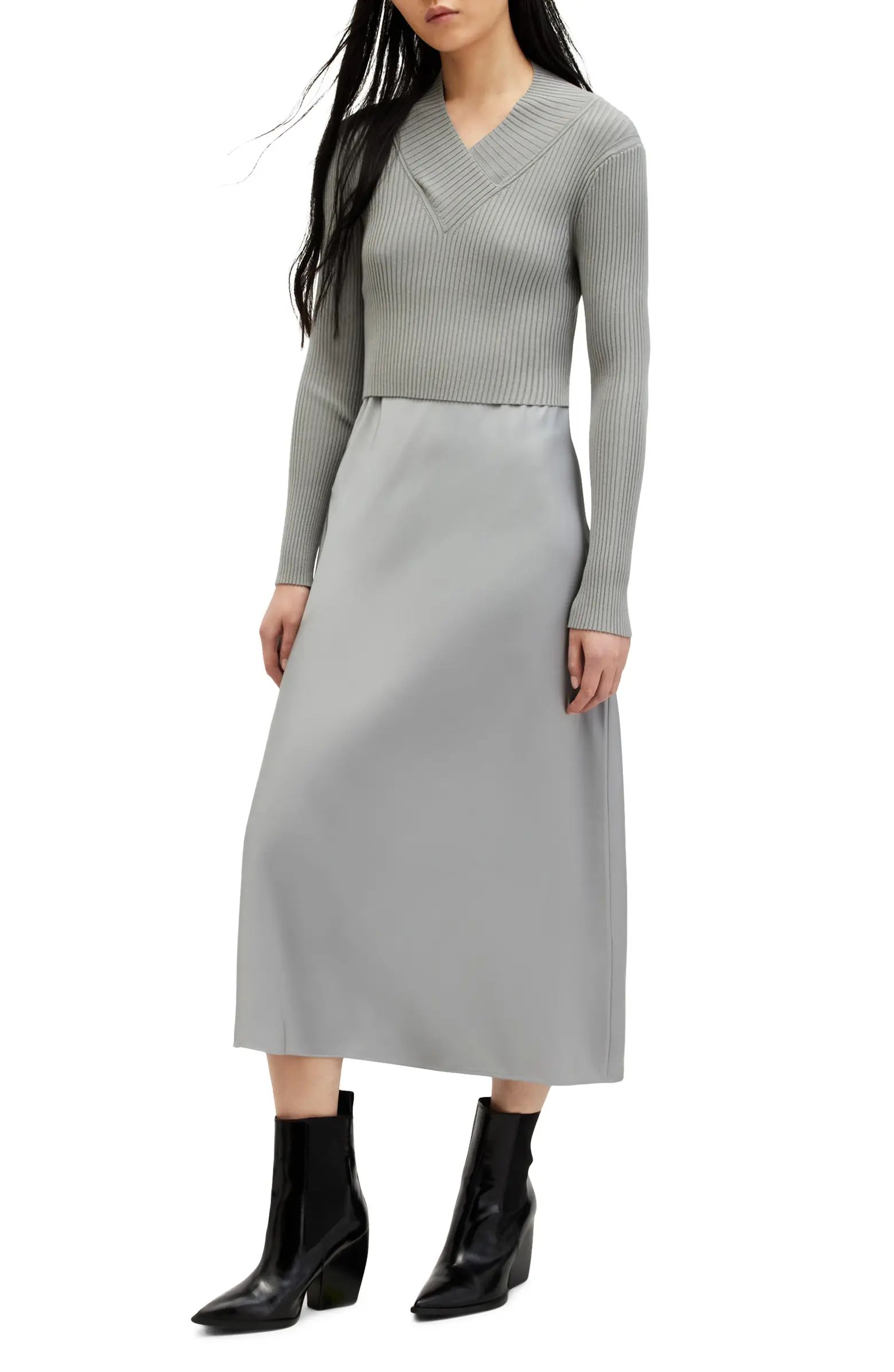 AllSaints Hana Two-Piece Crop Rib Sweater & Satin Slipdress | Nordstrom | Nordstrom