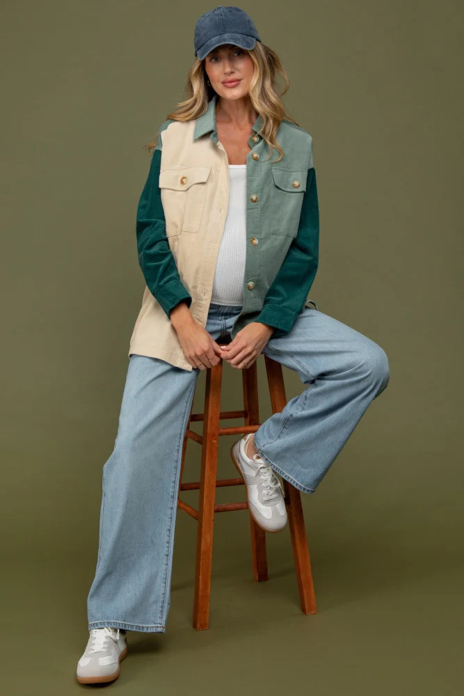 Light Olive Corduroy Colorblock Oversized Maternity Shirt Jacket | PinkBlush Maternity