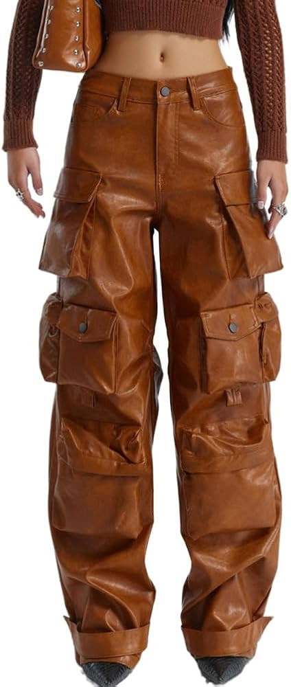 Women Faux Leather Cargo Pants Steampunk Straight Wide Leg Trousers with Multiple Pockets | Amazon (US)