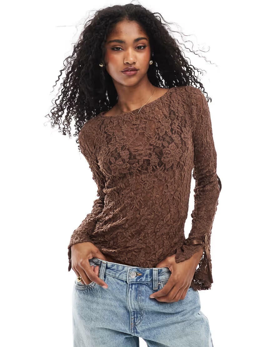 ASOS DESIGN slash neck lace top with bow detail in brown | ASOS (Global)
