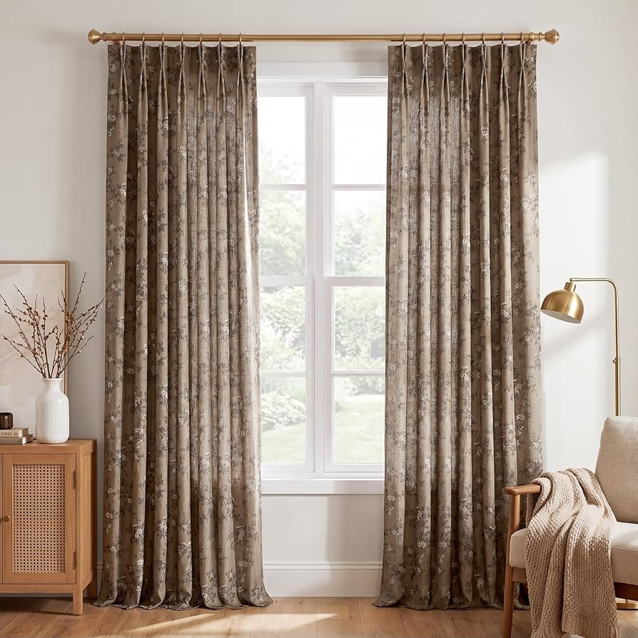 StangH Brown Linen Pinch Pleat Curtains Floral Fall Decor 96 Inches | Amazon (US)