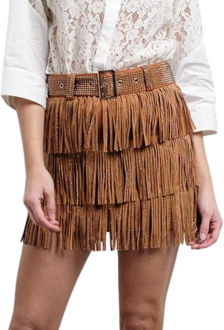 Women High Waist Rhinestone fringe Short Adjustable Waistband Short Mini Skirt Westem Skirt Built... | Amazon (US)