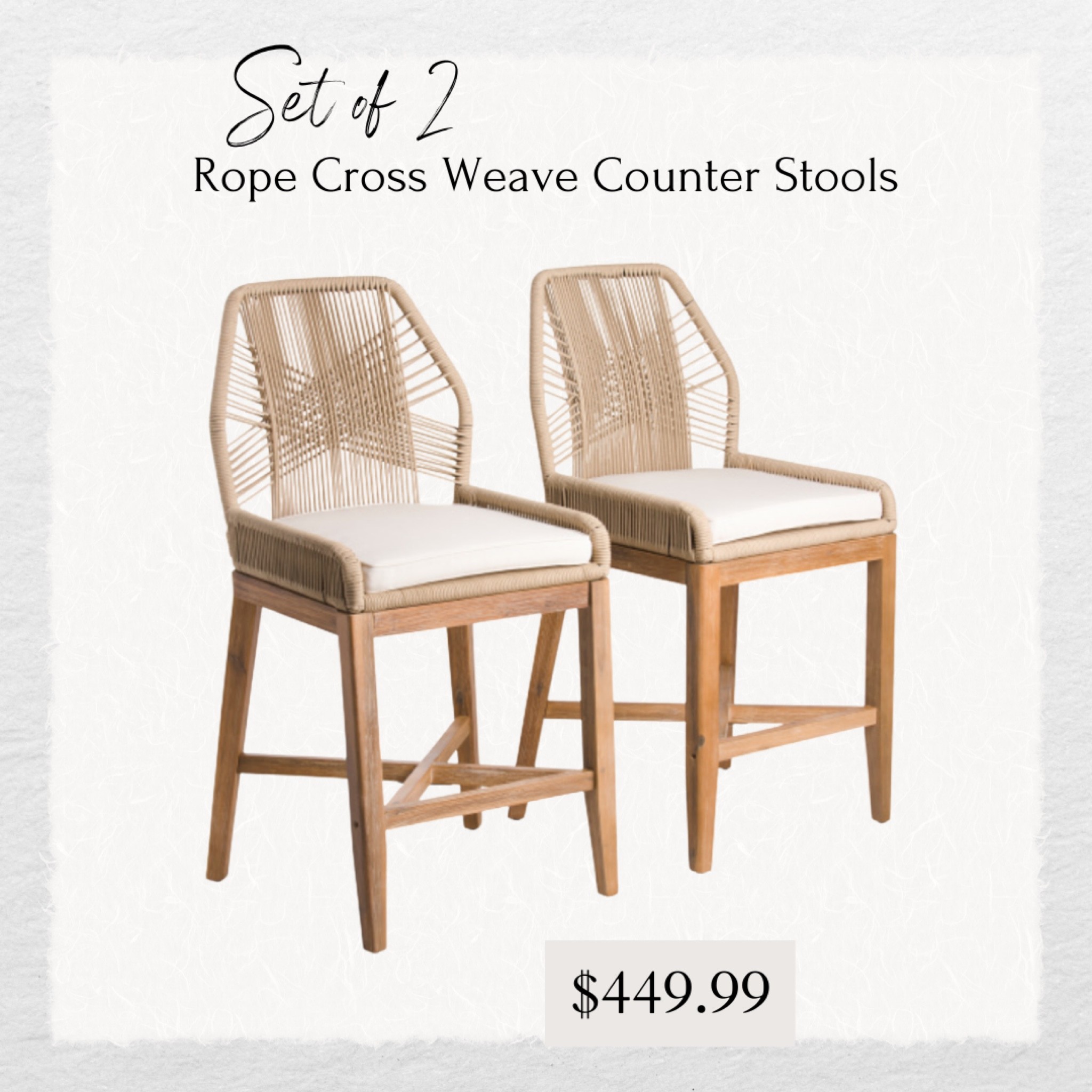 Set of 2, rope cross weave counter stools for $449.99! Cream, taupe color. T.J.MAXX furniture finds. Affordable bar stools. Kitchen seating.

#LTKstyletip #LTKsalealert #LTKhome