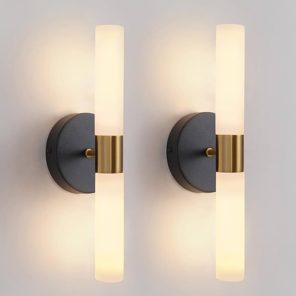 Wall Sconces Set of Two Black and Brass Gold Wall Lamp Sconces Wall Lighting with White Glass Wal... | Amazon (US)