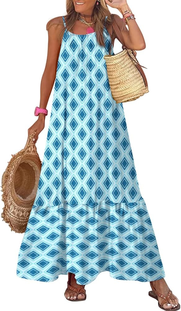 Dokotoo Women Summer Dresses 2026 Spaghetti Strap Scoop Neck Smocked Ruffle Flowy Boho Maxi Dress | Amazon (US)