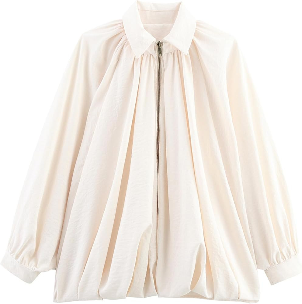 Womens Puffed Bomber Jacket Casual Batwing Sleeve Lapel Collar Zip Shirts Oversized Pleated Stree... | Amazon (US)