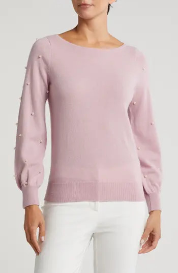 Sofia Cashmere Boat Neck Pearl Sleeve Cashmere Sweater in Light Pink at Nordstrom Rack, Size Large | Nordstrom Rack