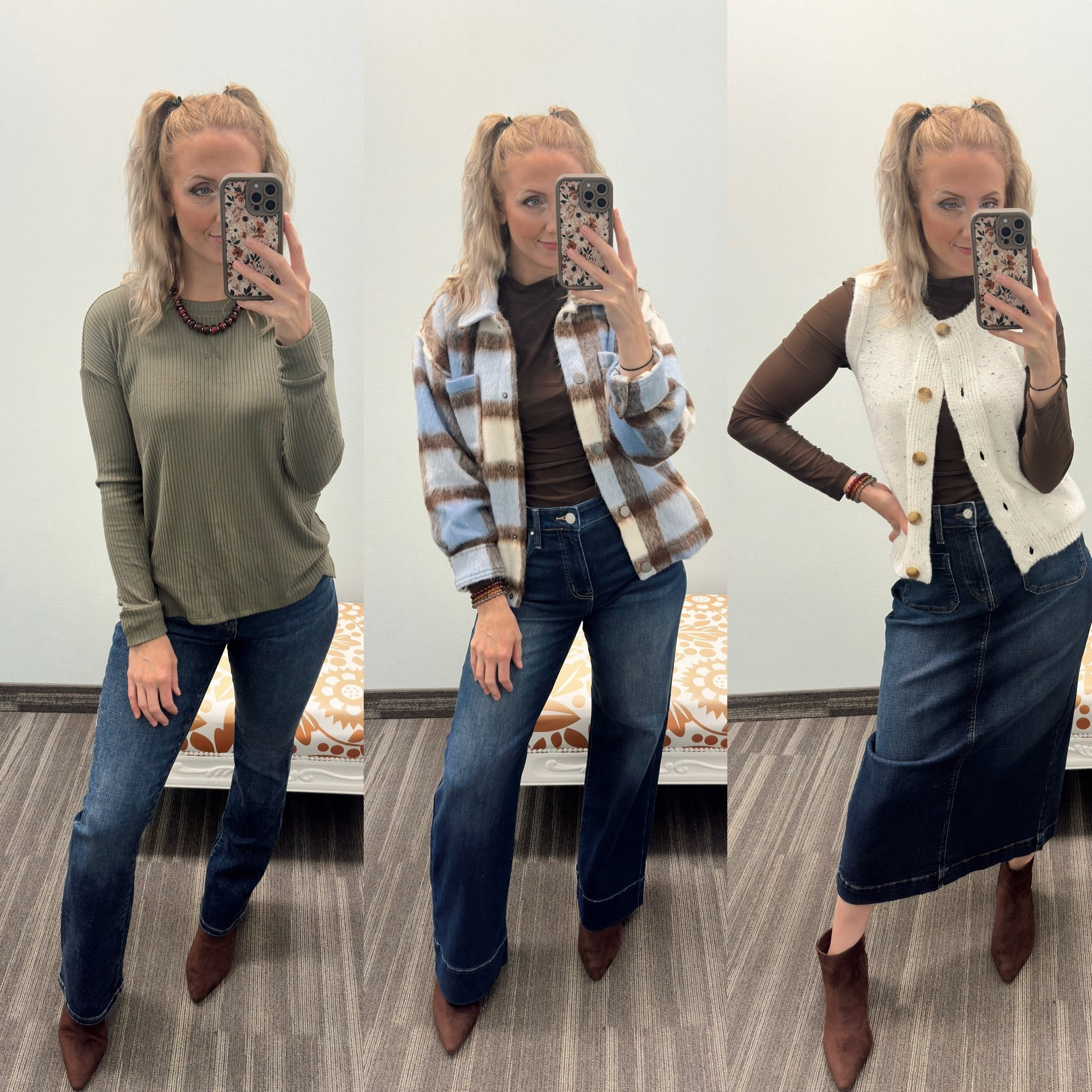 Wearing 4/6 in jeans and 4 in skirt. XSmall in green top, small in other tops
