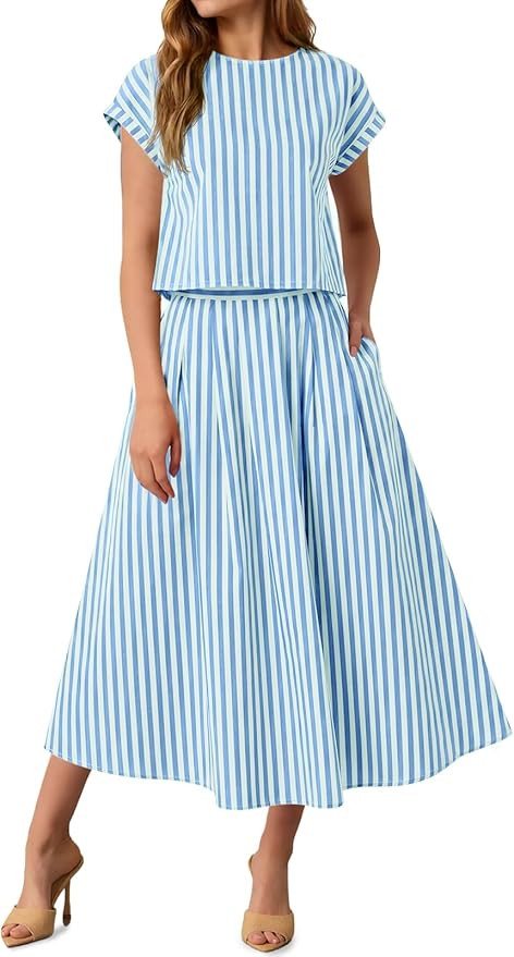 Tankaneo Womens Striped 2 Piece Skirt Sets Summer Cap Sleeve Tops Midi Dress Travel Vacation Outf... | Amazon (US)