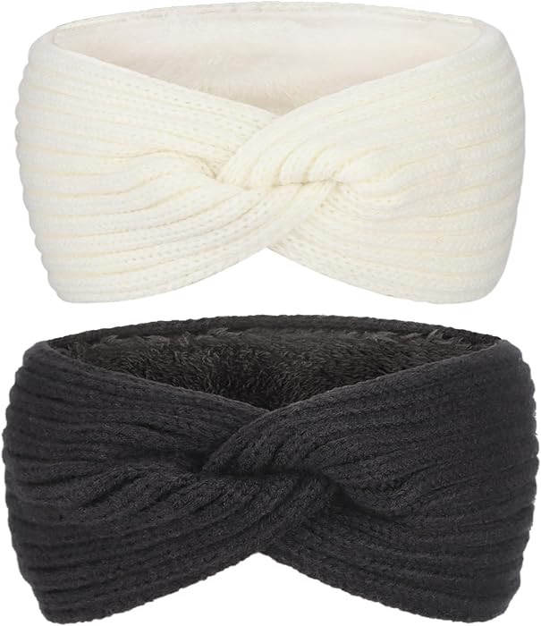Knit Winter Headbands for Women Fuzzy Wool Fleece Lined Ear Warmers Elastic Turban Crocheted Head... | Amazon (US)