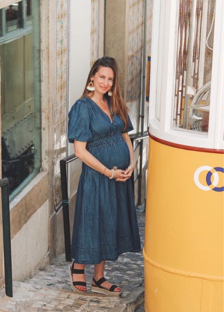 Fall maternity dress, denim midi dress, style the bump, pregnancy outfit ideas, vacation style, bump friendly outfit, Europe holiday, transitional outfit 

#LTKbump #LTKSeasonal #LTKtravel