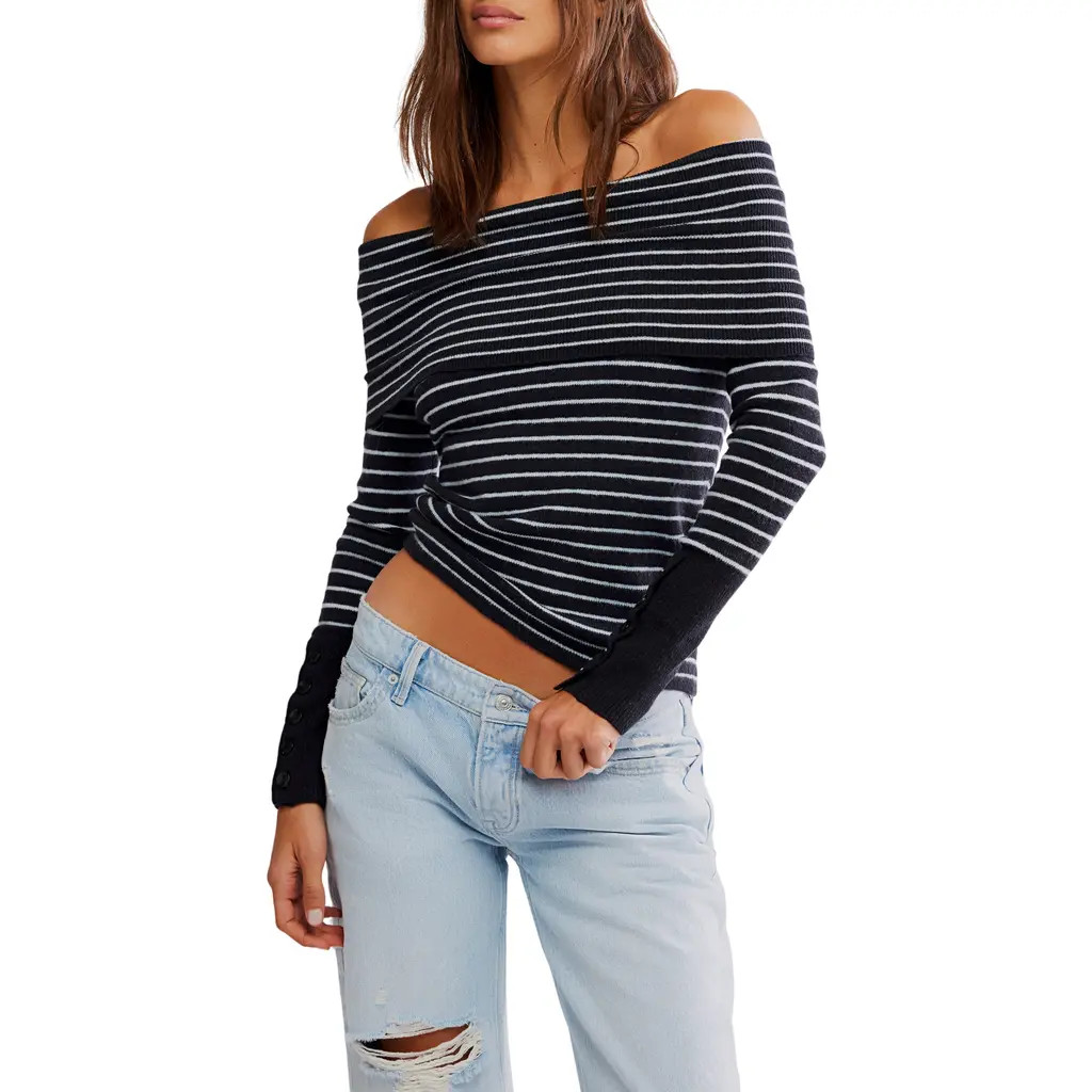 Free People Evergreen Off the Shoulder Sweater in Black/White Combo at Nordstrom Rack, Size X-Small | Nordstrom Rack