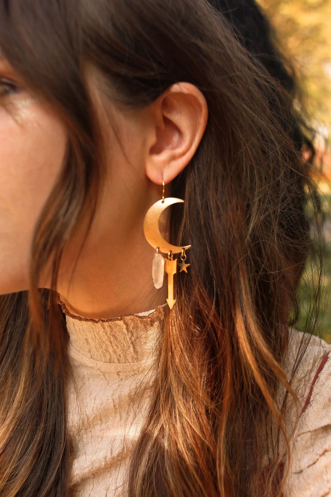 Sisters of the Moon Earrings in Brass or Silver with Quartz Crystals | Etsy (US)