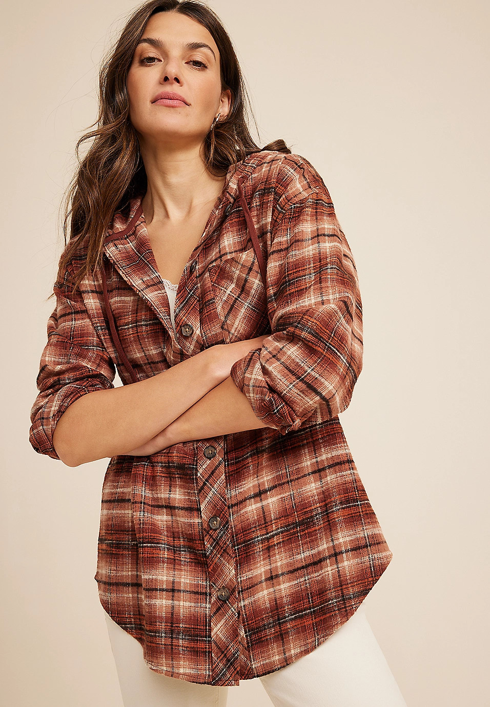 Cabin Plaid Brown Hooded Boyfriend Tunic Shirt | Maurices