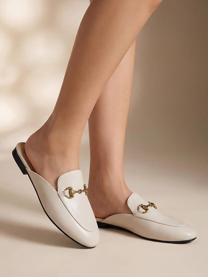 Lambskin Insole Womens Metal Buckle Mules Slip on Flats Closed Round Toe Dress Shoes | Amazon (US)
