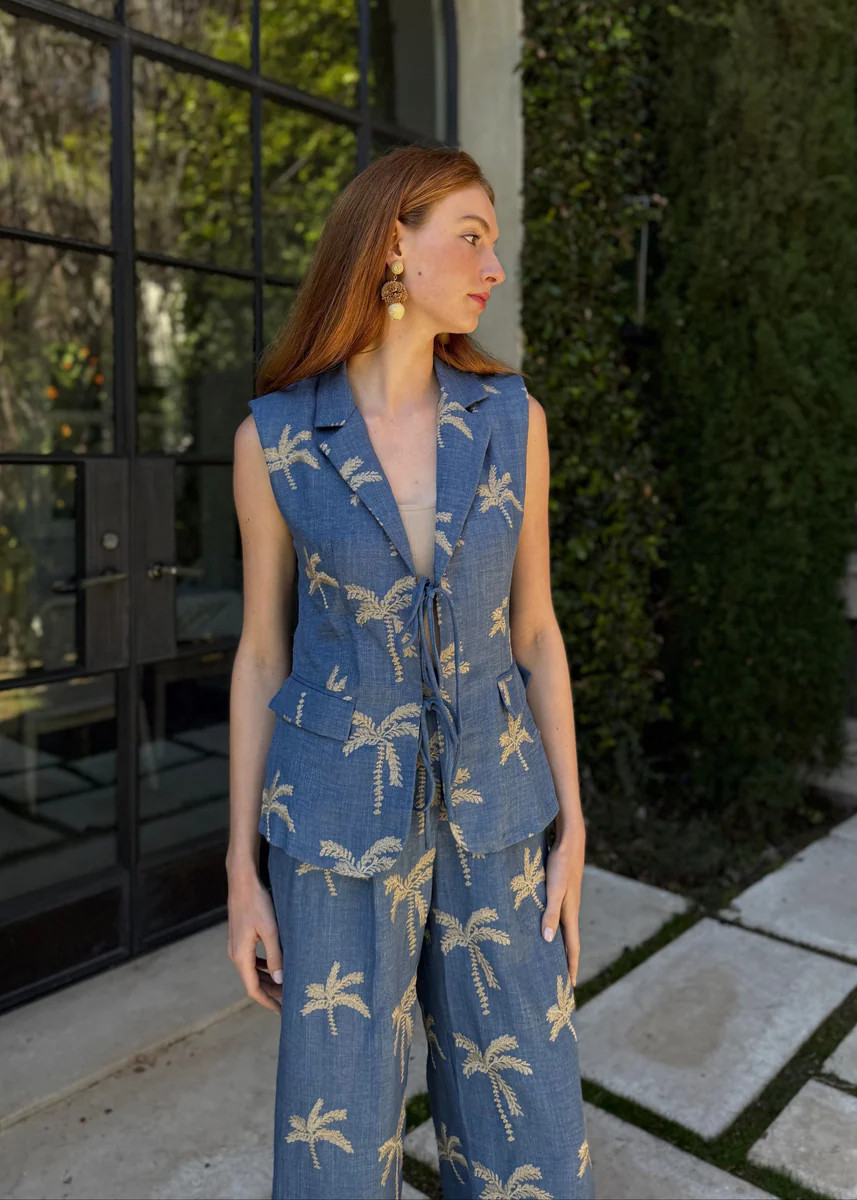Peggy Palm Tree Embroidery Denim Front Tie Vest | Benaar La