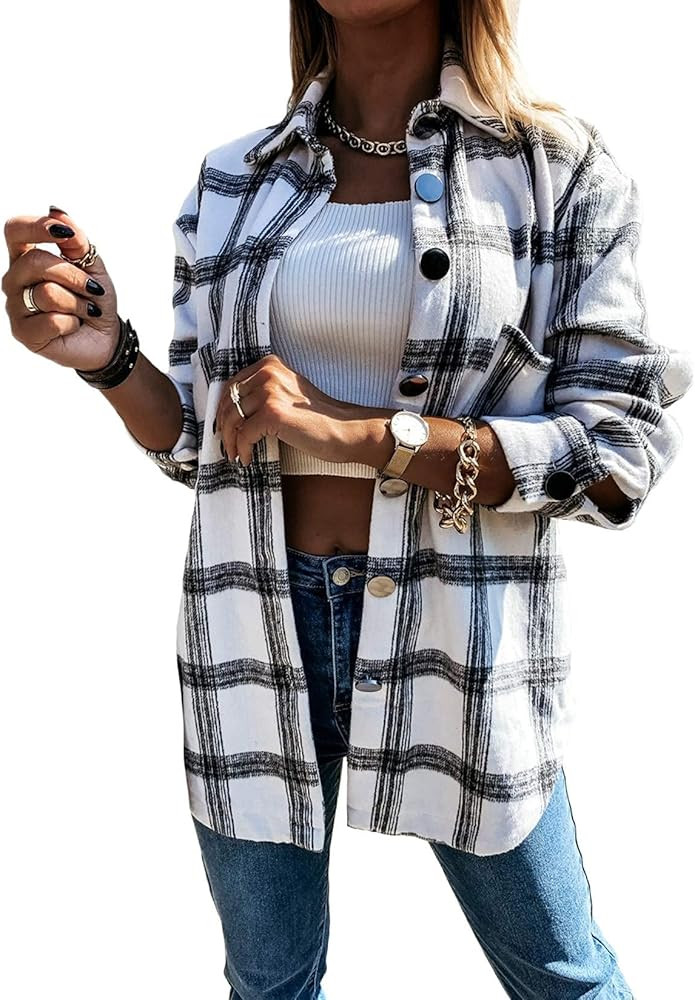 Meceku Womens Flannel Plaid Shirts Long Sleeve Casual Mid-Long Blouses Button-Down Shirts with Po... | Amazon (US)