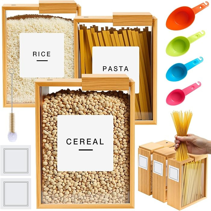 3 Bamboo Cereal Dispenser 75 Oz/ 2.2 l Kitchen Food Storage Containers with Measuring Cups for Ai... | Amazon (US)