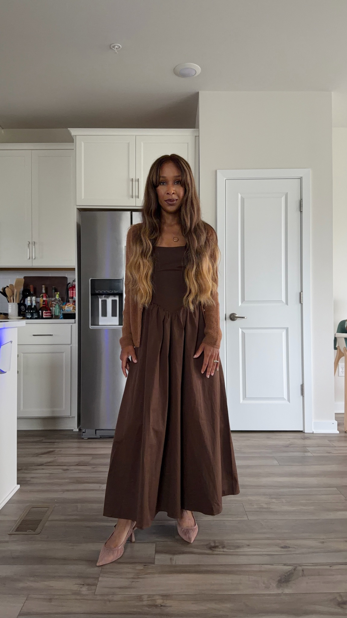 Brown maxi dress with button up brown cardigan, workwear outfit, and fall outfit

#LTKootd #LTKPetite