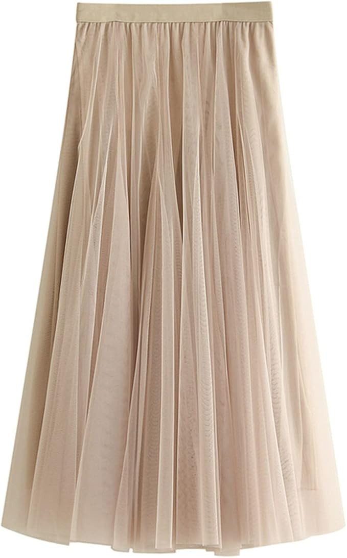 Daysskk Women's Tulle Skirt Elegant Pleated Skirts for Women Midi Length Elastic Waist | Amazon (US)