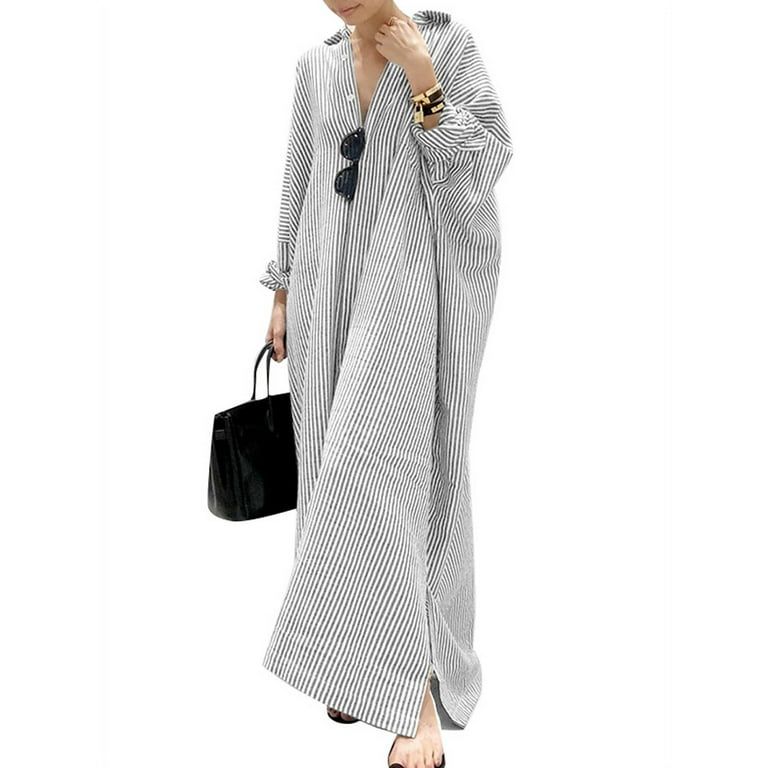 ZANZEA Cotton Full Sleeved Striped Printed Long Dress Women | Walmart (US)