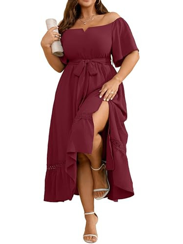 RWJ Plus Size Dresses Wedding Guest - Women's Summer Maxi Dress V Neck Semi Formal Dresses Short Sleeve Sun Dress Burgundy 3X-Large | Amazon (US)