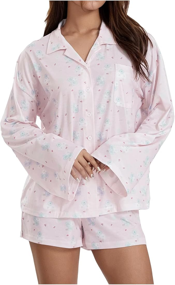 QIGUANDZ Funny Fruits Pajama Sets for Womens Loose Button Down Long Sleeve Shirts and Pants Set S... | Amazon (US)