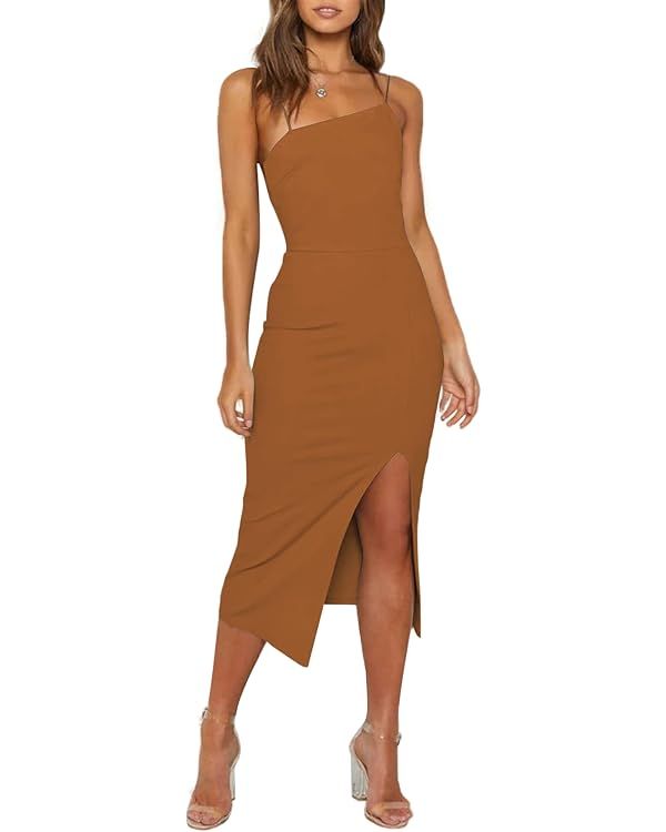 LYANER Women's Spaghetti Straps Split Hem Sleeveless Zipper Bodycon Midi Dress | Amazon (US)