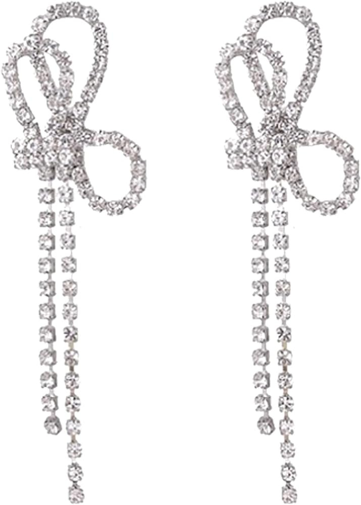 Rhinestones Bow Drop Earrings for Women Girls Silver Crystal Bowknot Tassels Statement Earrings L... | Amazon (US)