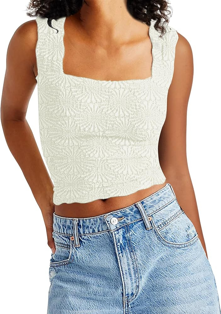 AIHUKOCY Women Square Neck Wide Strap Floral Crop Tank Top Sleeveless Lettuce Trim Solid Slim Croppe | Amazon (US)