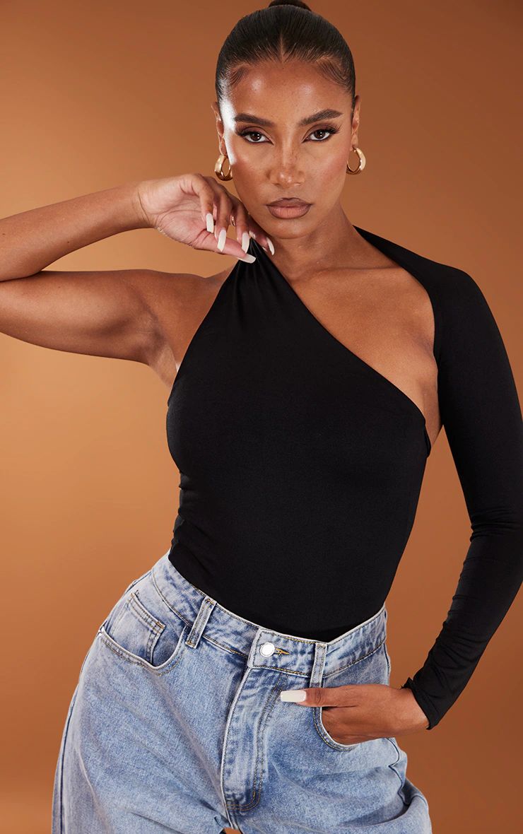 Black One Shoulder Asymmetric Bodysuit | PrettyLittleThing US