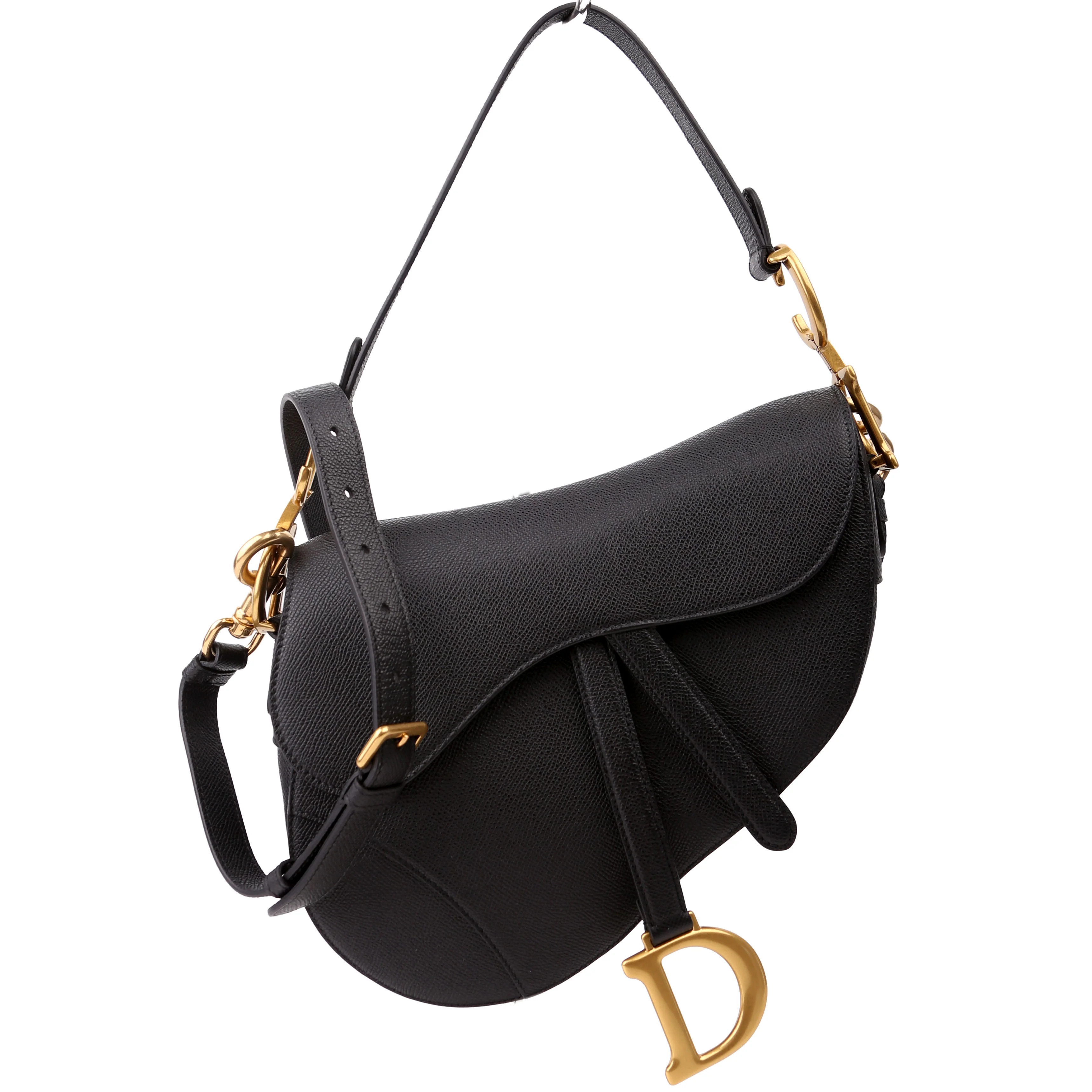Saddle Bag with Strap Grained Leather Black | Keeks Designer Handbags
