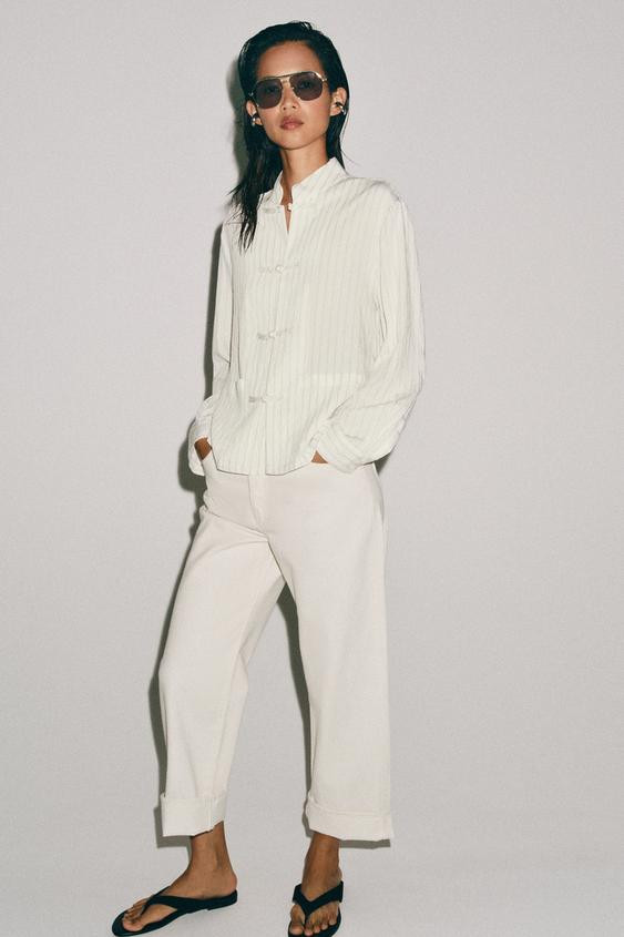 Zara - Striped Shirt With Fireman Clasps Zw Collection - Ecru - S - Woman | Zara AU