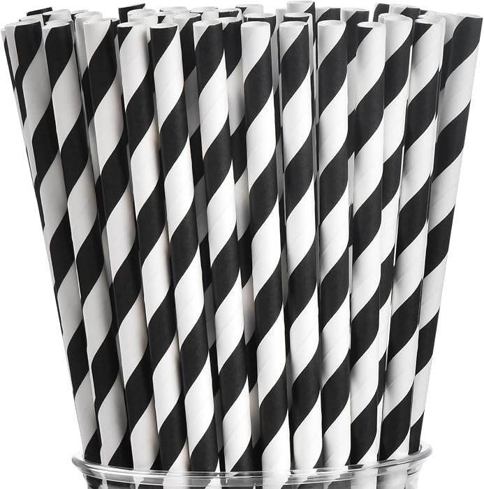 ALINK Black Paper Straws - 100 pcs Biodegradable Black and White Striped Drinking Straws for Part... | Amazon (US)