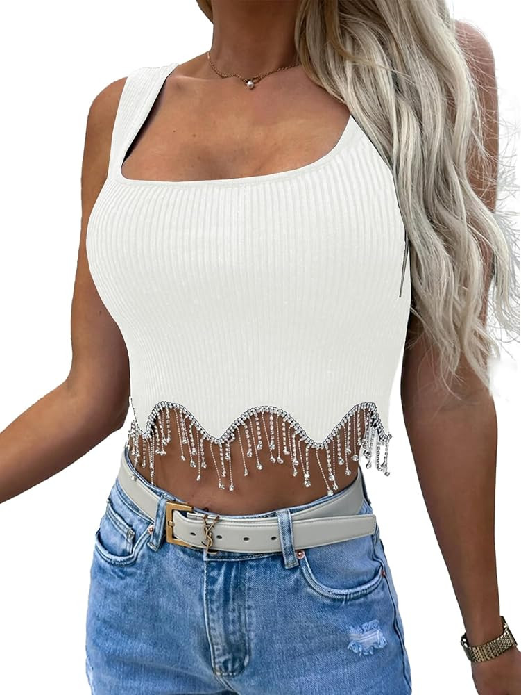 LYANER Women's Rhinestone Fringe Trim Ribbed Knit Square Neck Sleeveless Crop Tank Top | Amazon (US)