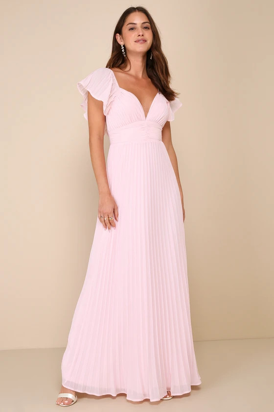 Ideal Occasion Pink Pleated Flutter Sleeve Backless Maxi Dress | Lulus