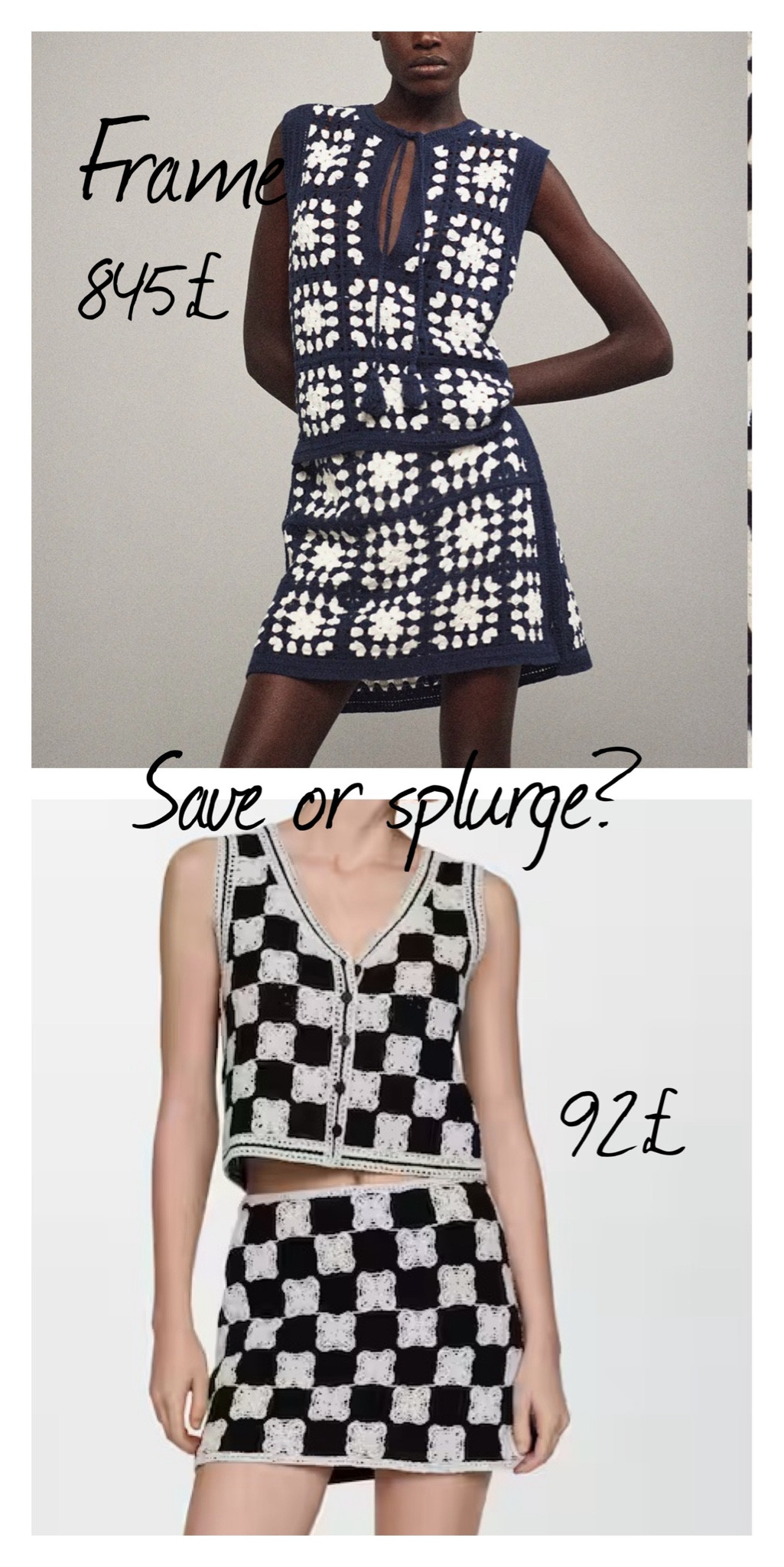 Save or splurge? Crochet top, crochet set, mango skirt, mango crochet, frame set, frame store, frame crochet top, summer outfit, holiday outfit 

#LTKstyletip #LTKeurope #LTKfindsunder100