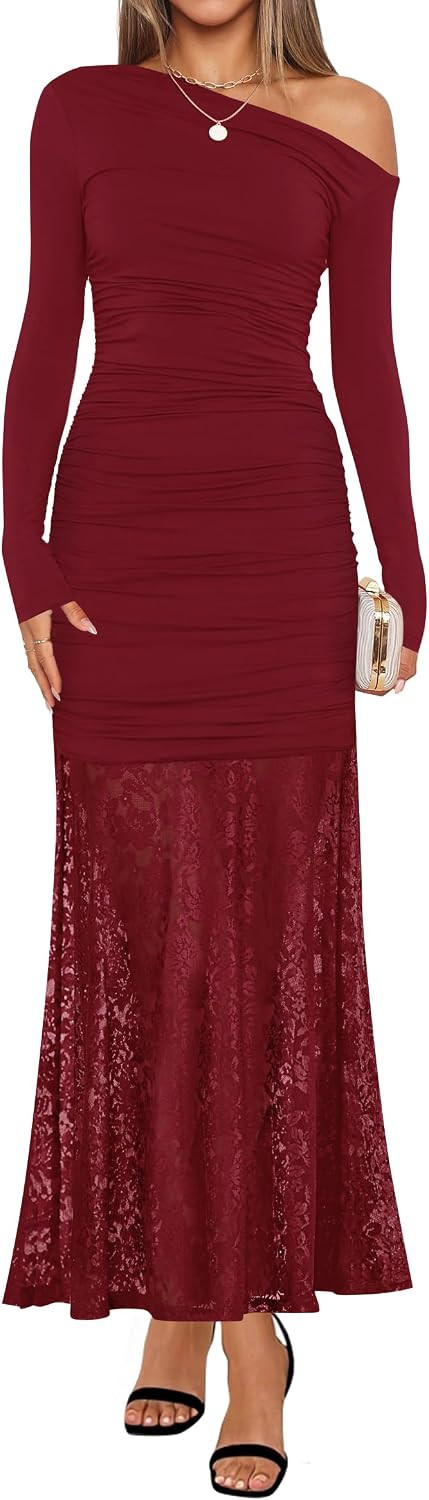 ZESICA Women's Long Sleeve Off Shoulder Bodycon Dresses Fall 2026 Ruched Lace Wedding Guest Cocktail Formal Maxi Dress | Amazon (US)
