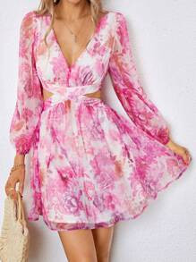 SHEIN VCAY Floral Print Cut Out Waist Lantern Sleeve Dress | SHEIN