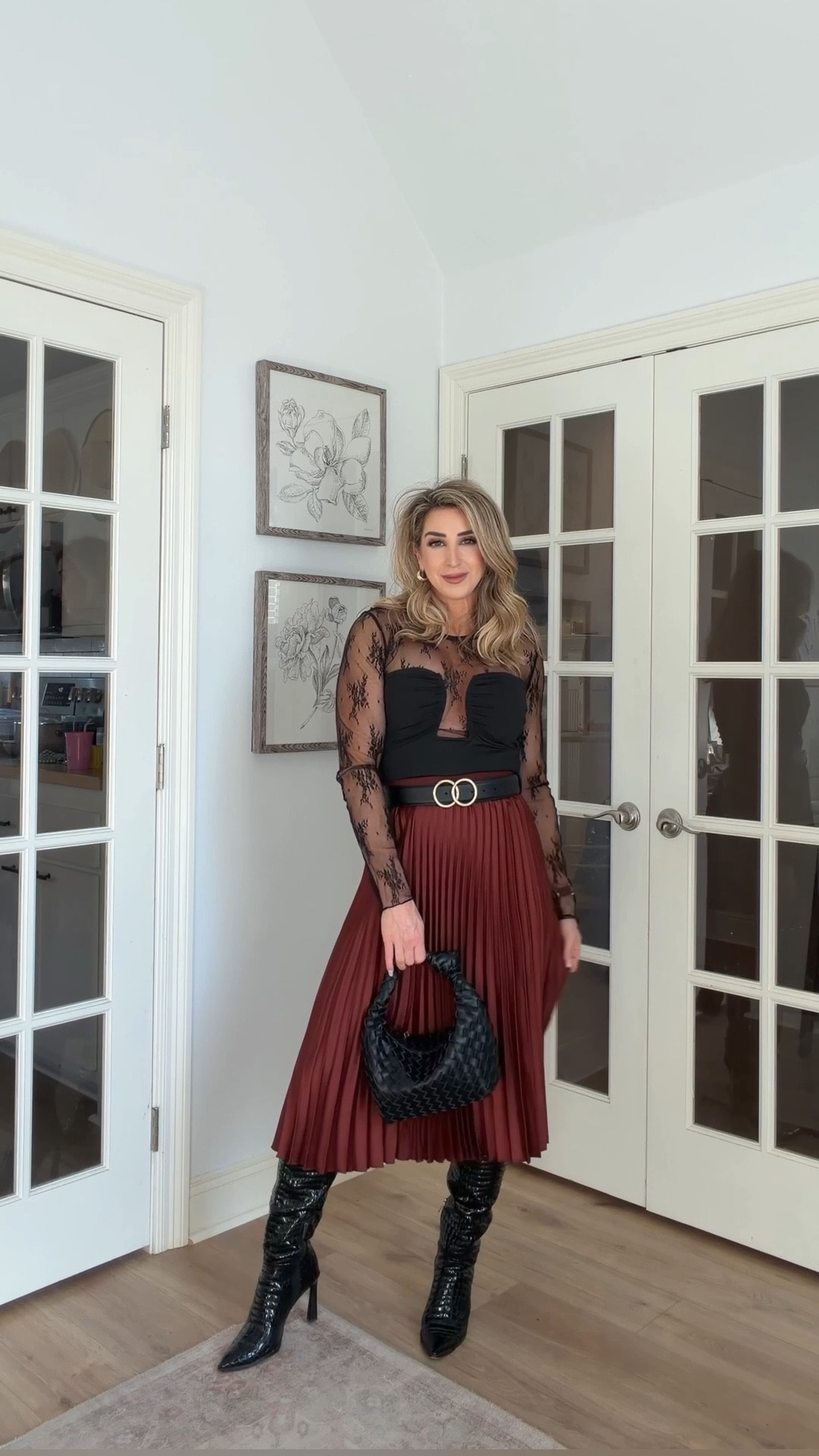 Fall outfit idea with a burgundy midi skirt and black boots.

Holiday outfit, lace long sleeve top, Christmas party outfits

#LTKStyleTip #LTKHoliday #LTKOver40