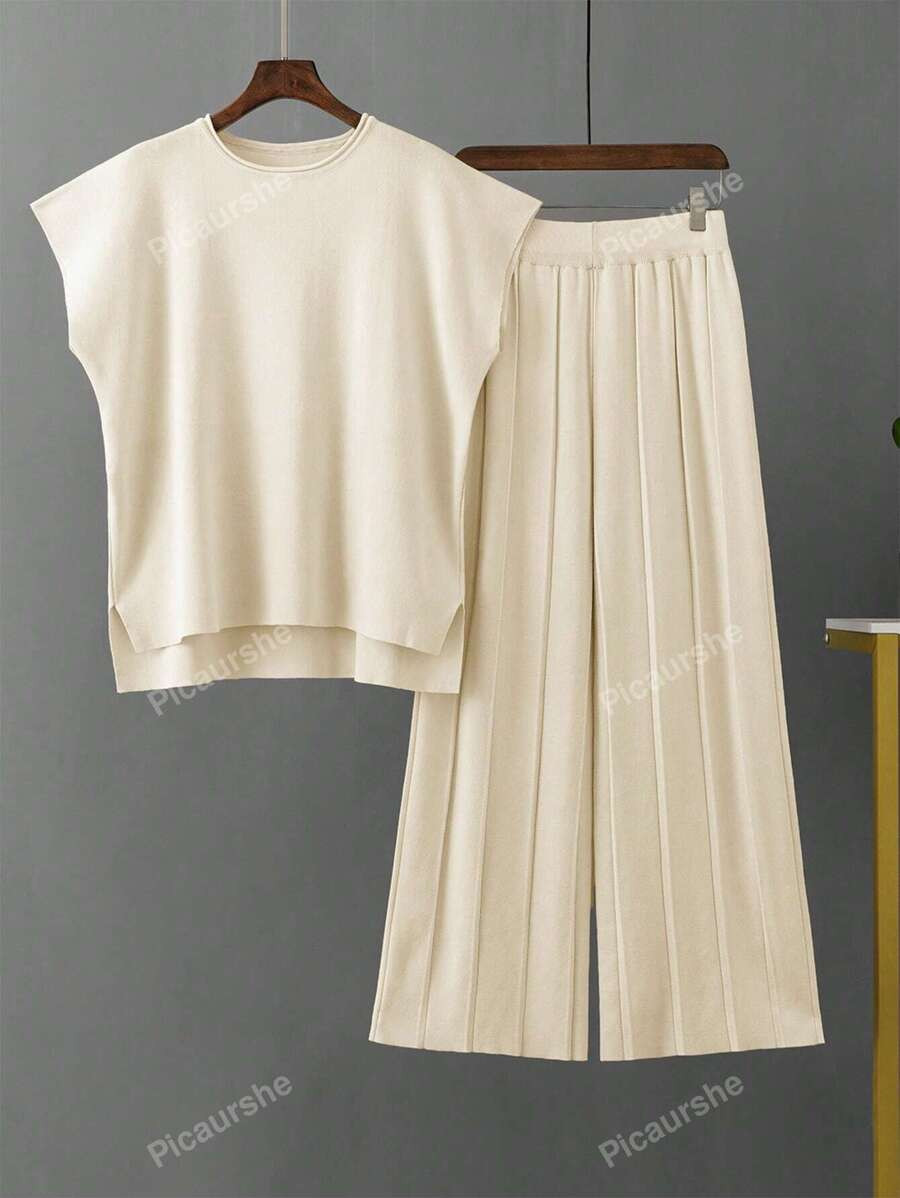 Women's Summer Solid Color Sleeveless Sweater Vest And Loose Knitted Wide-Leg Pants Two-Piece Set | SHEIN