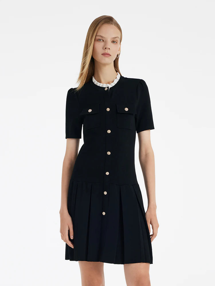 Ruffle Collared Knitted Single-Breasted Pleated Women Mini Dress | GOELIA