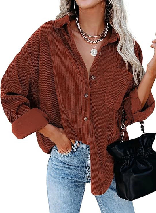 Dokotoo Womens Corduroy Button Down Shirts Boyfriend Long Sleeve Oversized Blouses Tops | Amazon (US)