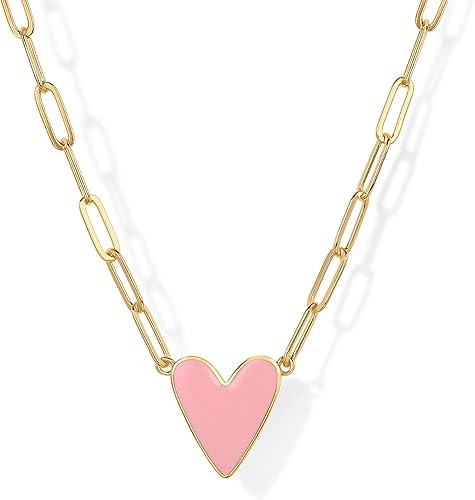 PAVOI 14K Gold Plated Heart Enamel Pendant Necklace for Women | Love Paperclip Chain Necklaces | ... | Amazon (US)
