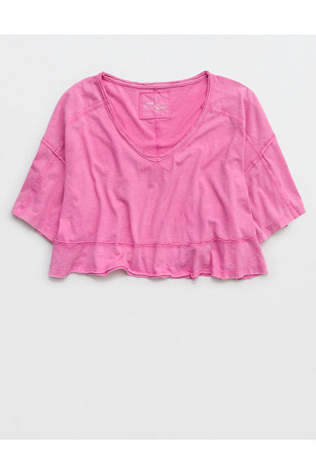 Aerie Happiest Cropped V Neck T-Shirt Women's Hot Fuchsia S | Aerie
