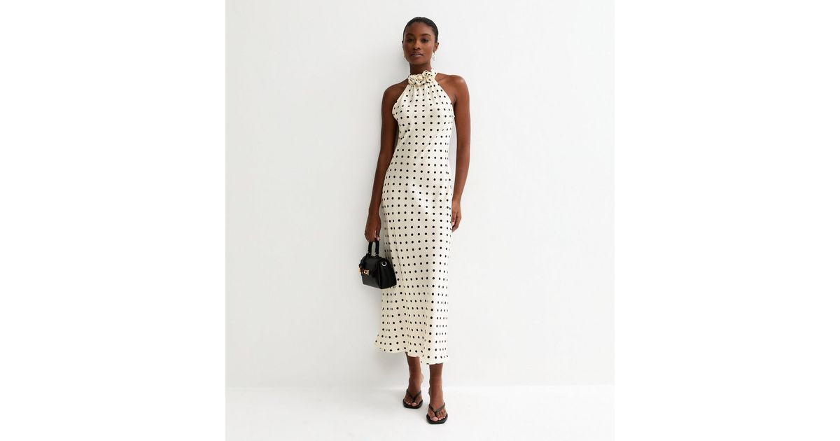 Cream Satin Polka Dot Floral Appliqued Halter Neck Midi Dress | New Look | New Look (UK)