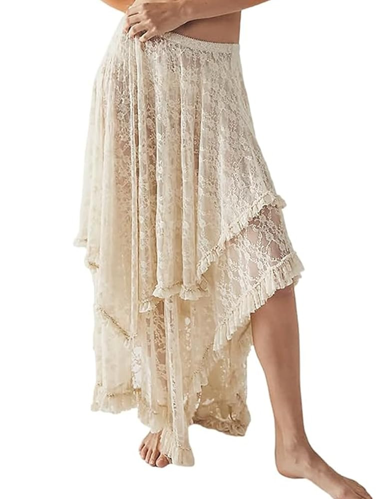 Yimoon Women's Floral Lace Long Skirts Elastic Asymmetrical Layered See-Through Maxi Skirts Sexy ... | Amazon (US)